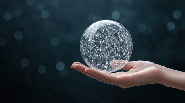 A hand holds a translucent globe filled with interconnected lines and dots, symbolizing technology, connectivity, and innovation against a blurred background. - Powered by Adobe
