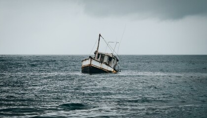Obraz premium Generated 물속에 반쯤 가라앉은 작은 배, 파도 위로 흔들리는 반파된 배의 일부mage