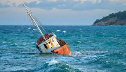 Obraz premium Generated 물속에 반쯤 가라앉은 작은 배, 파도 위로 흔들리는 반파된 배의 일부mage