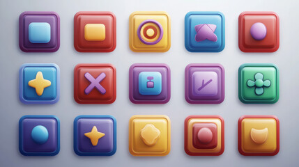 Set of game ui app icons, square buttons, cartoon menu interface colorful blocks. Gui graphic design elements for user panel settings red, blue, yellow, green, purple isolated 2d vector illustration