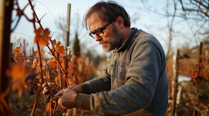 Dedicated vineyard worker carefully tending to grapevines during autumn harvest in picturesque countryside