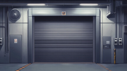 Gate with metal rolling shutter in gray wall. Vector realistic illustration of hallway in commercial garage or warehouse with closed and open roller up blinds. Building facade with automatic doors