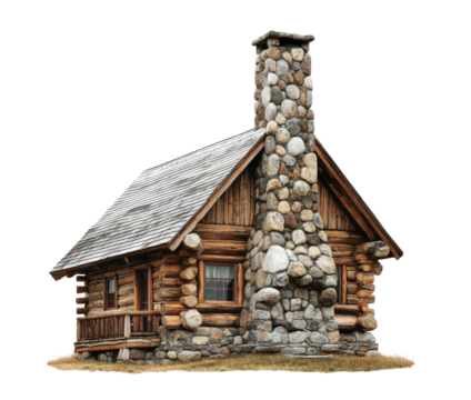 Charming mountain cabin with stone chimney and rustic wooden look