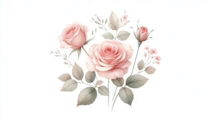Fototapeta premium Watercolor illustration of soft pink roses with delicate leaves