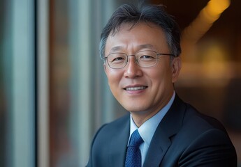 Fototapeta premium Professional Asian businessman in a modern office setting, smiling confidently while sitting near a large window showcasing an engaging background blurred with warm lights