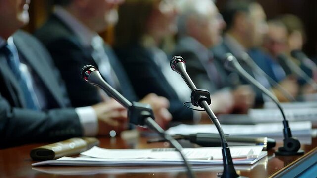 Several microphones are arranged on a conference table, ready for speakers to address an audience of business professionals during a meeting or press conference