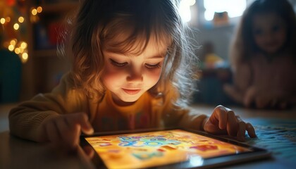 Fototapeta premium A glowing tablet displaying phonics games in a sunny room, surrounded by eager learners