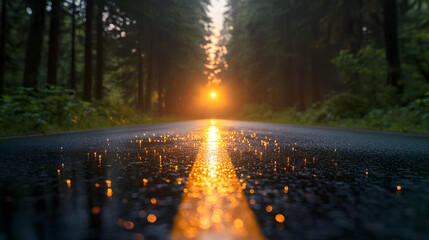 A Picturesque Mountain Forest and Asphalt Road Scene Reflecting Soft Summer Evening Light After Rain