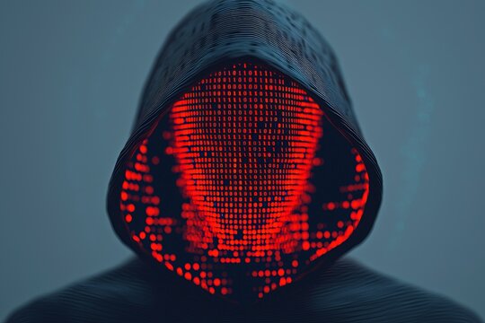 Mysterious figure with a hood, featuring a glowing red digital face.