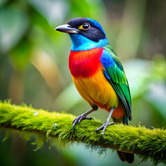 Fototapeta premium Vibrant colorful exotic bird perched on a mossy branch. Detailed feathers with blue, red, yellow, and green plumage. Tropical wildlife photography for nature conservation and travel.