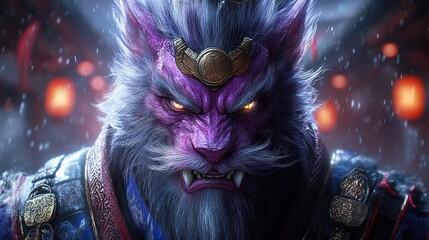 Ferocious purple-furred beast with glowing eyes, wearing ornate armor, set against a dark, lantern-lit background.
