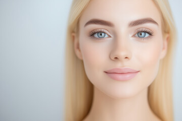 Fototapeta premium A young blonde woman with flawless skin, natural makeup, and blue eyes, against a light gray background