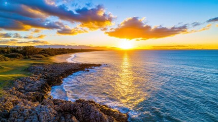Serene Coastal Sunset Over Calm Ocean with Vibrant Sky and Rocks
