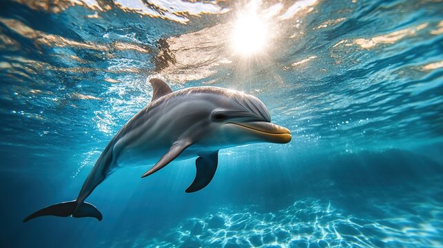 Smiling dolphin underwater with sun rays above