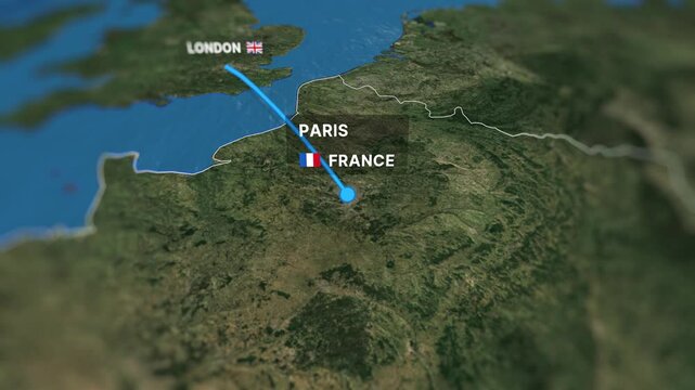 3D animated map illustrating a flight route from London to Paris. Perfect for travel videos, tourism projects, and corporate presentations.
