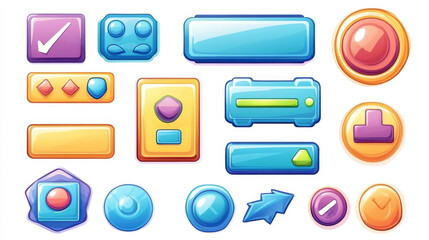 Glossy blue buttons and frames for ui game interface. Vector cartoon set of gui elements, square, star and heart icons, arrows, bars, menu buttons and login frame isolated on white background