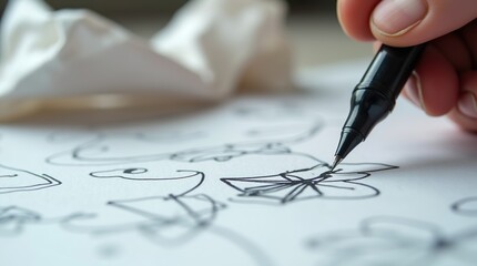 Close-up of a Pen Tip Writing on Paper – Brainstorming Ideas with Scribbled Notes and Crumpled Papers