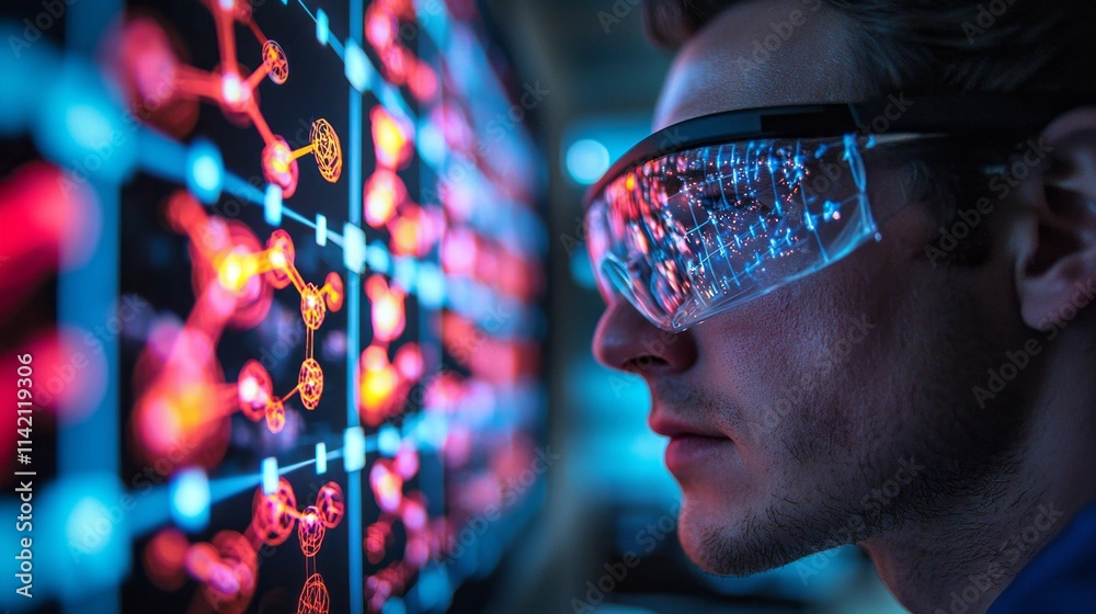 Poster a man wearing glasses is looking at a computer screen