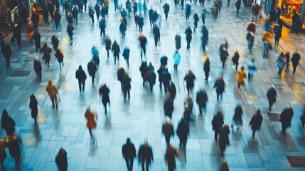 Blurred crowd of people walking on a busy street from above
