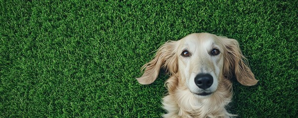 Soothing Relaxation for Your Dog concept. Golden retriever on artificial grass background.