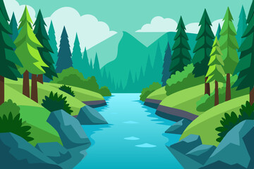 Peaceful River Scene Flowing Through a Dense Green Forest