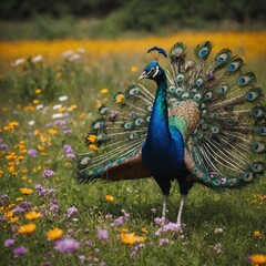 Obraz premium A colorful peacock walking gracefully in a field filled with wildflowers.