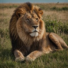 A lion resting on a small hill overlooking a grassy field.  