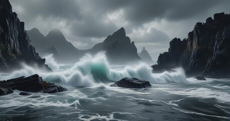 Dark waves crashing against a rocky shoreline in the mist, ocean, brown