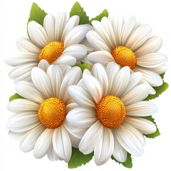 Daisies with Green Leaves Isolated on White Background, Floral Design, Botanical Illustration, Nature Concept for Decor, Gardening, and Art Projects.