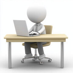 3D person sitting at desk with laptop working diligently isolated on white background

