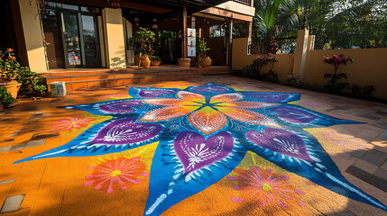 "A vibrant and festive Kolam design in front of a traditional South Indian home, adorned with Pongal-themed decorations, designed for cultural awareness content 