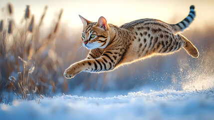 Bengal cat leaping through snowy field.