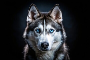 Obraz premium Siberian Husky Dog Blue Eyes Dark Night Wide Angle Photography - Majestic Wolf-like Canine Portrait
