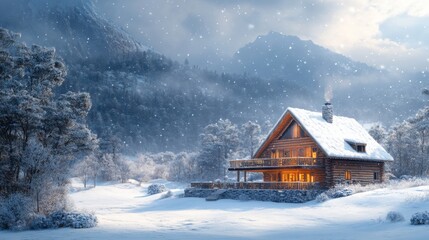 Cozy wooden cabin glowing warmly in snowy forest at dusk, winter holiday retreat, tranquil nature escape, rustic getaway, peaceful mountain scenery, serene home.