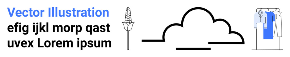 Text block beside bathtub faucet, cloud icon, and hanging clothes. Ideal for typography design, content layout, plumbing services, weather-related themes, home organization, interior design concepts