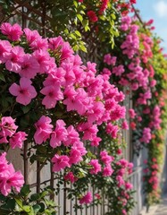 Fototapeta premium Colorful Bougainvillea flowers in full bloom on a trellis, pink, flowers