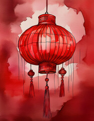 Obraz premium Red Chinese lantern hanging against a watercolor background. Generative AI.