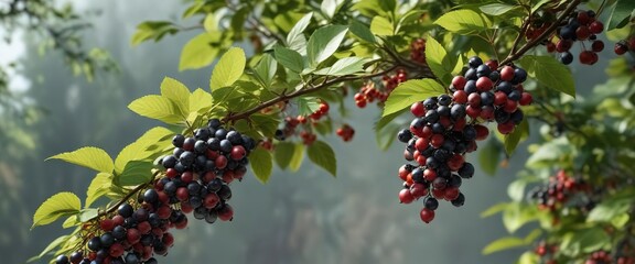 Clusters of chokeberries on a branch with leaves, landscape, nature