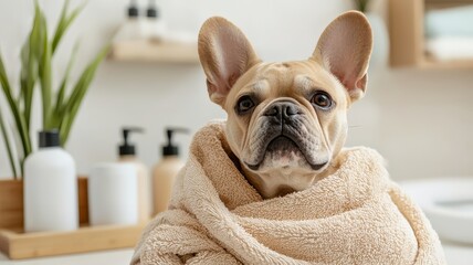 Soothing Relaxation for Your Dog concept. Adorable dog wrapped in a towel, relaxing in a bright bathroom.