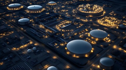 Industrial Glow: Refinery Machinery and Storage Tanks Lit at Night 