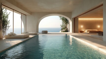 3d rendering of a sea view beach luxury home in the santorini island styl © NhV