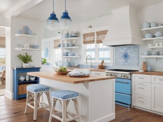Fototapeta premium coastal kitchen with white and blue decor, wooden countertops, and beachy accents