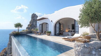 Fototapeta premium 3d rendering of a sea view beach luxury home in the santorini island styl