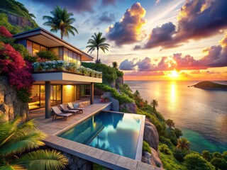 Obraz premium Stunning Cliffside Villa Infinity Pool Ocean View Tropical Paradise Luxury Getaway