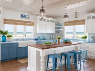 Fototapeta premium coastal kitchen with white and blue decor, wooden countertops, and beachy accents