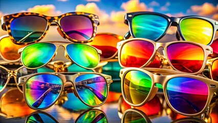 Stylish Sunglasses Collection: Eye-Level Shot of Diverse Frames & Colors