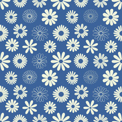 Seamless background with primitive childish floral pattern. Simple cute big dark blue and pink flowers in boho style. Baby wallpaper, print for banner, postcard, packaging, textile