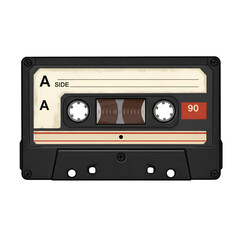 A vintage black cassette tape labeled "A SIDE" with 90-minute capacity, featuring reels and a blank label.