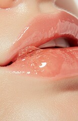 Fototapeta premium Glossy close-up of shiny lips with natural makeup