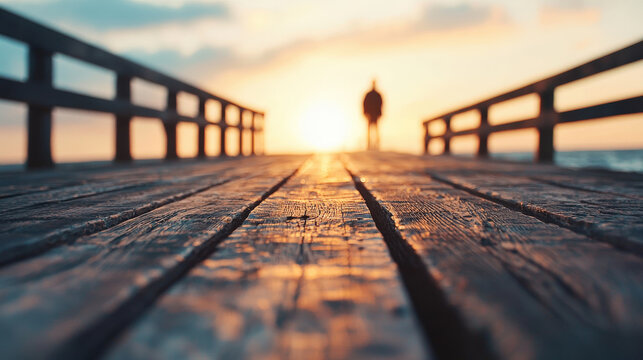 Fototapeta Serene Sunset View with Wooden Pier and Silhouette of a Person Walking at Dusk Over a Calm Sea Providing a Tranquil, Dreamy Atmosphere for Reflection